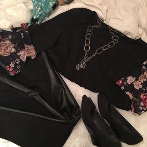 Black top w/ floral three-quarter sleeves